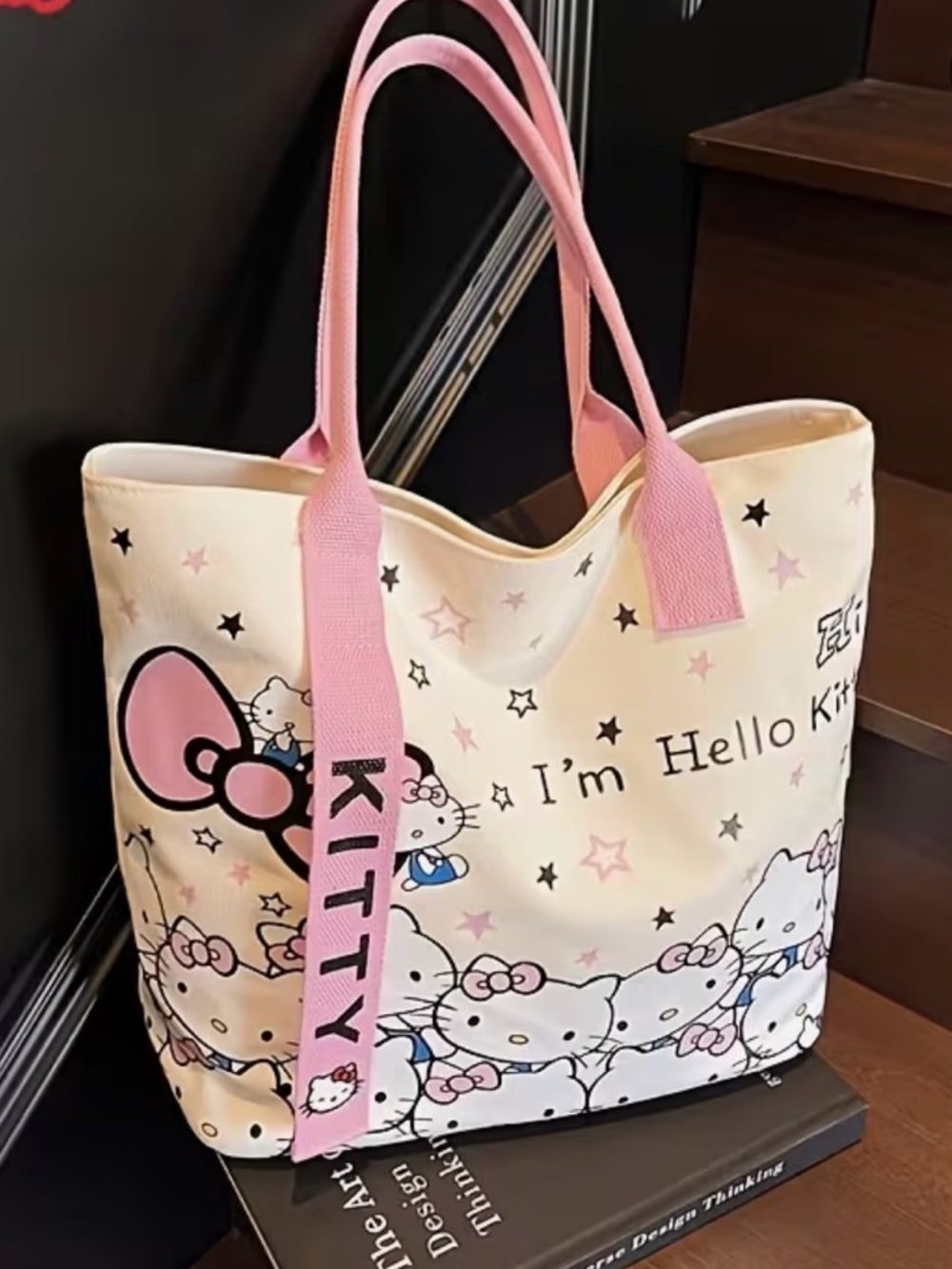 Hello Kitty Cream and Pink Canvas Tote with Character Print